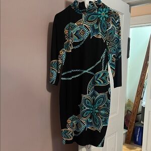 Women's Black Dress with Teal & Gold Floral Print